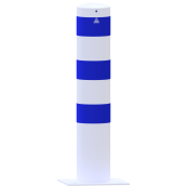 Impact protection bollards | as e-charging post protection |  193 mm | hot-dip galvanized and white powder-coated with 3 blue reflective strips foil type RA1/A | To be fixed by plugs